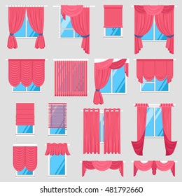 Red curtains set of vintage textile models with lambrequin and modern jalousie and roman blind isolated vector illustration  