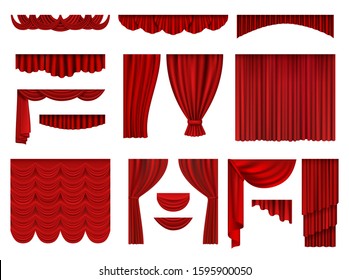 Red curtains. Textile theatrical opera scenes decoration curtains vector realistic collection set