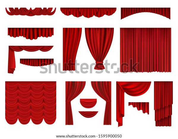 Red curtains. Textile\
theatrical opera scenes decoration curtains vector realistic\
collection set
