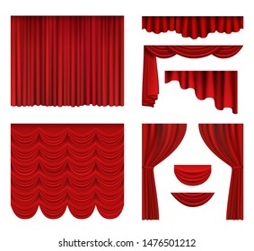 Red curtains. Theater fabric silk decoration for movie cinema or opera hall luxury curtains vector realistic. Illustration drapery red, opera and movie fabric interior