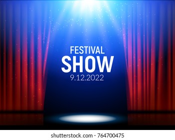 Red curtains theater scene stage backdrop. Vector show background performance concert. Light party design of stage.