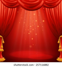 Red curtains. Theater scene. Vector illustration 