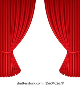 Red curtains of theater stage. Template for theatrical performance, movie house or presentation. Detailed mesh illustration.