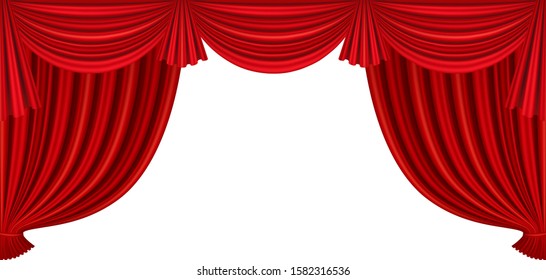 Red curtains of theater stage. Template for theatrical performance, movie house or presentation. Detailed mesh illustration.