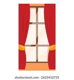 Red curtains tied with gold rope are framing a large window in an interior design concept