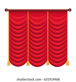 Red curtains vector illustration. Silk theatre curtain icon isolated on white background. Luxury scarlet curtains and draperies. Theatre, banquet and concert hall decorations in flat style design