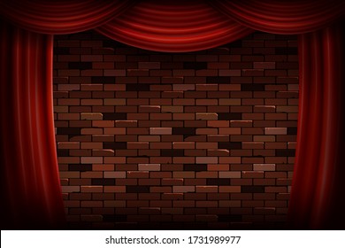 Red curtains or velvet drapes on an old rustic brick wall as a theatrical stage for theater and stand up comedy performance. Vector illustration