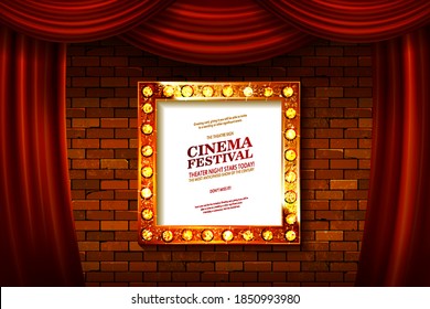 Red curtains or velvet drapes on an old rustic brick wall as a theatrical stage for theater and stand up comedy performance.