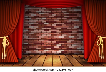 Cortinas vermelhas ou cortinas de veludo em uma velha parede de tijolos rústicos como um palco teatral para teatro e comédia de stand-up. Ilustração vetorial.