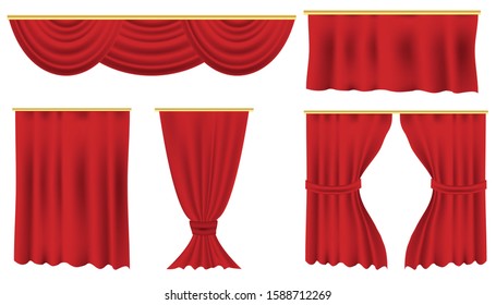 Red curtains. Velvet theater decoration for stage acting, fabric background for movie or film, contest or signing performance, drape for opera, broadway, orchestra