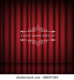 Red curtains and vintage border frame with copy space for text.  Retro Luxury template for design. Flourishes Ornamental  frame. Vintage vector background