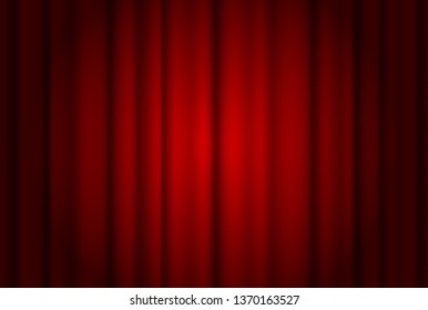 Red curtains wide background illuminated by a beam of spotlight. Vector illustration