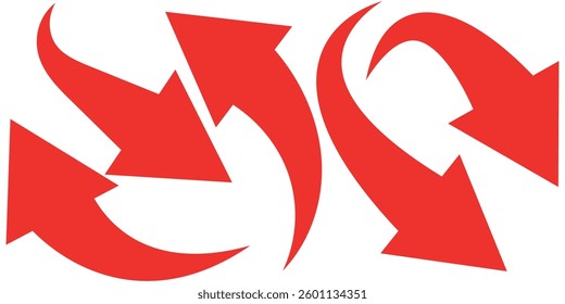 Red curve arrows set.Arrow sign. Set of curved arrows isolated on white background. Curved arrows, hand drawn curved arrows. 