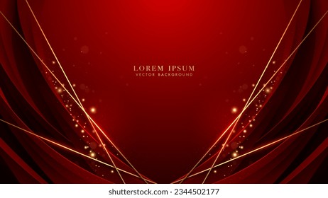 Red curve shape with diagonal golden line, shiny dots, glitter light and bokeh effects decoration on red background. Luxury style vector design