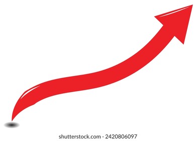Red curved arrow and black shadow icon on white background. pointing up and Isolated.