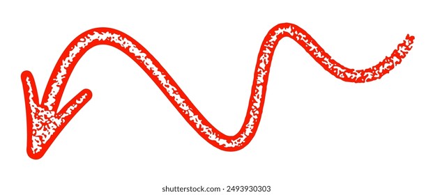 Ein roter gebogener Pfeil mit Grunge-Textur, der nach unten zeigt. Vektorillustration.