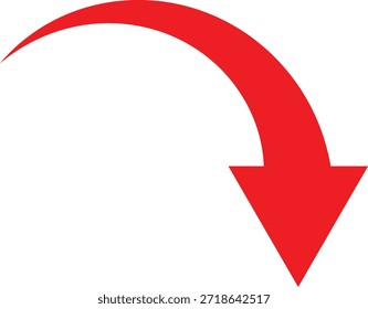 Roter, gekrümmter Pfeil, Vektorgrafik mit einer Abwärtsrichtung. Fette minimale Design einzeln auf dunklem Hintergrund, ideal für Navigation, Richtung, Infografik, UI, Web, App und Marketing-Grafiken.