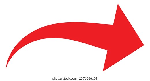 Red curved arrow isolated on white background. Curved arrow, hand drawn curved arrow. Long red curve arrow icon vector. Isolated vector on white backgound.