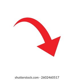 Red Curved Arrow Pointing Down Right on White background. vector art illustration