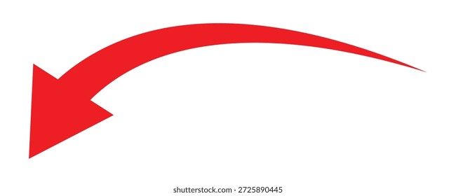  Red curved arrow pointing down and left symbol. Graphic illustration of a red curved arrow. Suggesting direction or navigation element use .