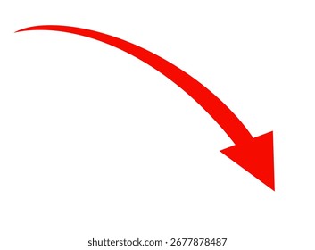 Red curved arrow pointing downwards isolated on transparent background