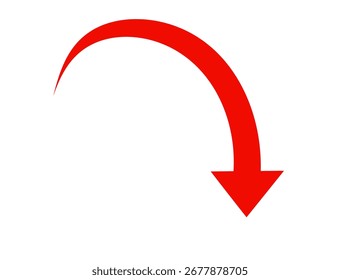 Red curved arrow pointing downwards isolated on transparent background