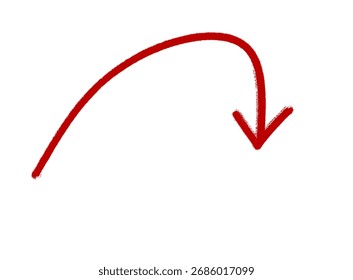 A red curved arrow pointing downwards isolated on a white background indicating direction or movement