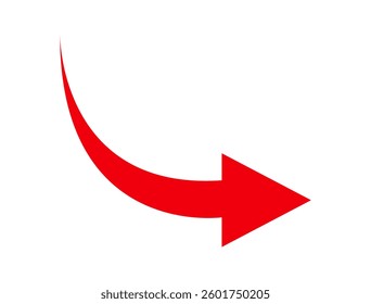 Red curved arrow pointing to right. Direction symbol. Arrow symbol for app, UI, web. Vector illustration