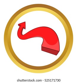 Red curved arrow vector icon in golden circle, cartoon style isolated on white background