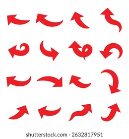 Setas curvas vermelhas definidas. Setas curvas. Sinal de seta. Ícones de estilo plano. Conjunto de vetores de ícone de seta curva de rede. Ícone de seta longa Ilustração de vetor. EPS 10
