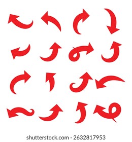 Setas curvas vermelhas definidas. Setas curvas. Sinal de seta. Ícones de estilo plano. Conjunto de vetores de ícone de seta curva de rede. Ícone de seta longa Ilustração de vetor. EPS 10