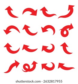 Red curved arrows set. Curved arrows. Arrow sign. Flat style icons. Set of rede curve arrow icon vectors. Long arrow icon Vector illustration. EPS 10
