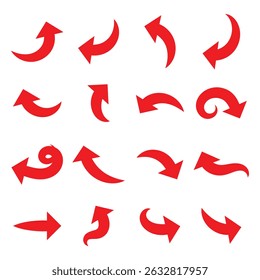 Setas curvas vermelhas definidas. Setas curvas. Sinal de seta. Ícones de estilo plano. Conjunto de vetores de ícone de seta curva de rede. Ícone de seta longa Ilustração de vetor. EPS 10
