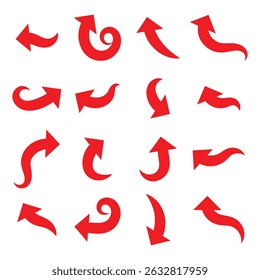 Setas curvas vermelhas definidas. Setas curvas. Sinal de seta. Ícones de estilo plano. Conjunto de vetores de ícone de seta curva de rede. Ícone de seta longa Ilustração de vetor. EPS 10