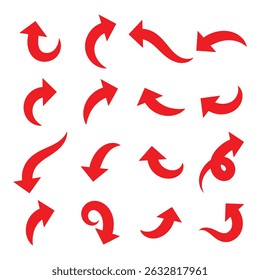 Setas curvas vermelhas definidas. Setas curvas. Sinal de seta. Ícones de estilo plano. Conjunto de vetores de ícone de seta curva de rede. Ícone de seta longa Ilustração de vetor. EPS 10