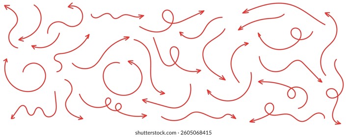 Red Curved arrows: A Set of vector hand drawn arrows. Collection of pointers. Set of Hand drawn red vector arrows doodle arrow vector illustration
