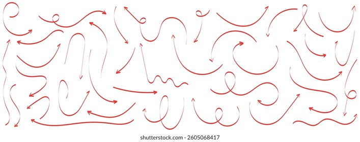 Red Curved arrows: A Set of vector hand drawn arrows. Collection of pointers. Set of Hand drawn red vector arrows doodle arrow vector illustration