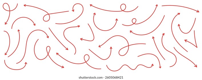 Red Curved arrows: A Set of vector hand drawn arrows. Collection of pointers. Set of Hand drawn red vector arrows doodle arrow vector illustration