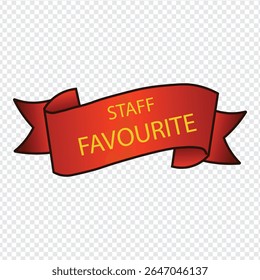 red curved banner with yellow text