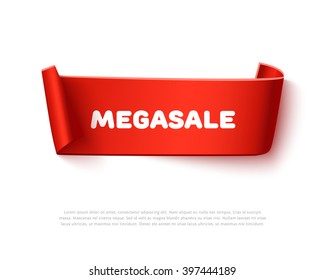 Red curved curl paper ribbon banner with paper rolls and inscription MegaSALE isolated on white background. Realistic vector paper ribbon template with shadow for promo and sale advertising.