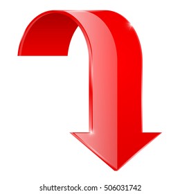 Red curved DOWN arrow. 3d icon. Vector illustration isolated on white background