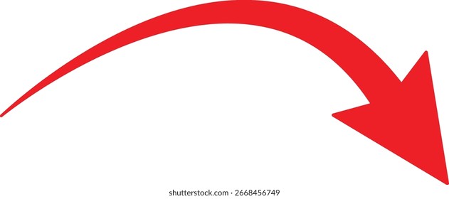 Seta vermelha curva para baixo apontando para a direita, simbolizando declínio, direção e diminuição. Perfeito para apresentações, infográficos e relatórios de negócios. Ícone de vetor simples com design limpo.