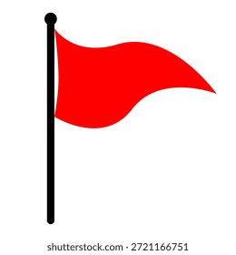 Rot gekrümmtes Flaggensymbol auf vertikalem Pol, flache Vektorgrafik für Warnung, Signal und Markierungsverwendung
