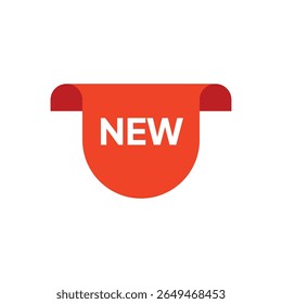 A red, curved "NEW" tag with white text, top corners rolled, flat design, bright light, simple, isolated on white, cheerful, promotional.