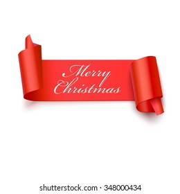 Red curved paper banner, ribbon with Marry Christmas inscription isolated on white background. Vector illustration. Background for your design.