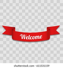 Red curved paper ribbon banner with inscription Welcome isolated on transparent background.