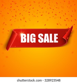 Red curved paper sale banner. Ribbon with confetti. Vector illustration