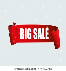 Red curved paper sale banner. Ribbon with confetti. Vector illustration