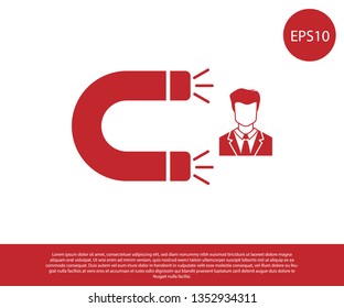 Red Customer attracting icon isolated on white background. Customer retention, support and service. Customer man attracting with magnet. Vector Illustration