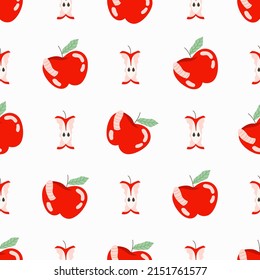 Red cut, bitten apples pattern. Fruit pattern design for web, print. Hand drawn modern summer vector illustration. Fresh juicy fruit on a pastel background. Eco friendly. Organic healthy background.